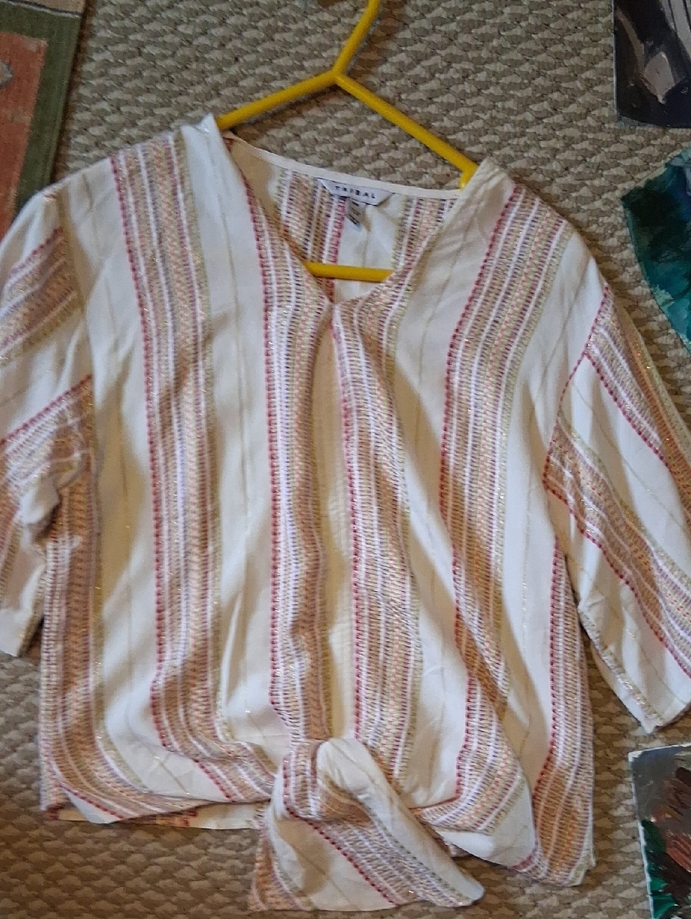 Casual Tribal Cream Striped Tie-Front Women’s Top S